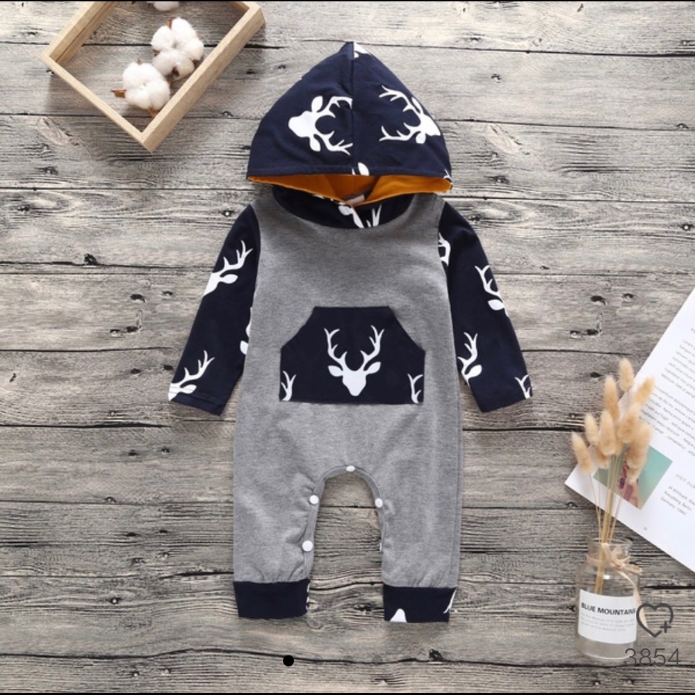 Elk Print Hooded Long-sleeve Jumpsuit in Grey